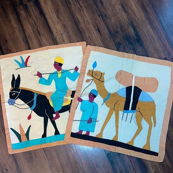 Set of Two Rare Handcrafted Egyptian Silk Cotton Wall Hangings Camel and Donkey - Picture 2 of 6